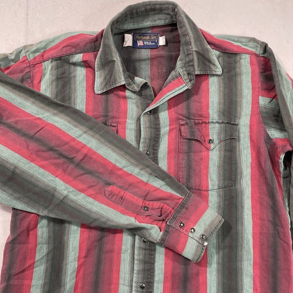 Vintage USA Panhandle Slim‎ Men 16.5-35 Pearl Snap Western Shirt Red Blue Rodeo